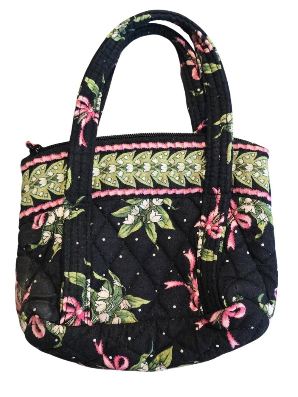 Vera Bradley Quilted Handbag Pink Green Floral Zipper Tote Bag boho flowers